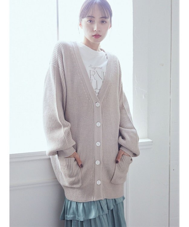 earth music&ecology アンチピリング畦Ｖネックカーディガン Light Beige