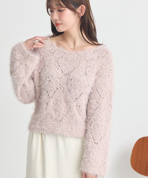 earth music&ecology シャギーミックス透かしハート柄ニットプルオーバ Grayish Pink