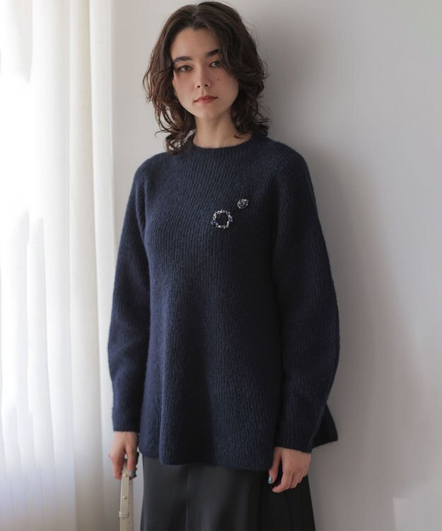 組曲 L へアリーヤーン フレア ニット ネイビー系