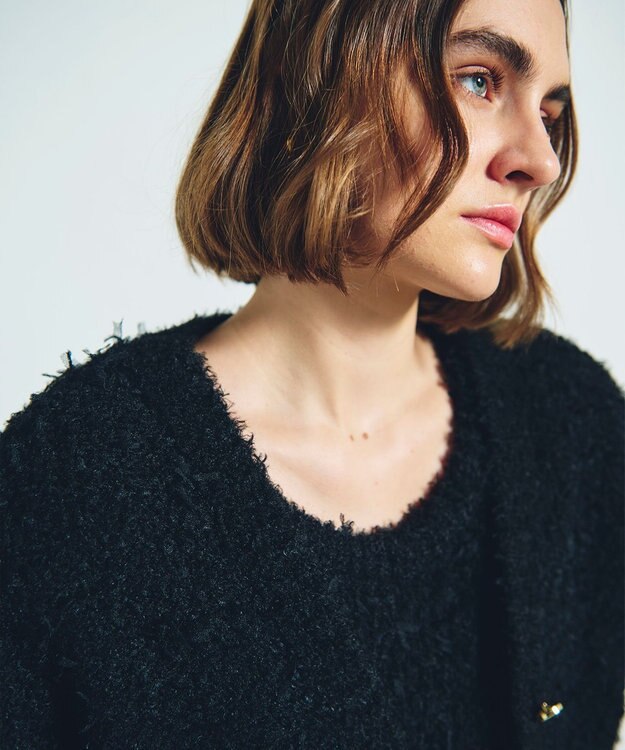 GRACE CONTINENTAL ツイーディーリボンヤーンカーディガン ブラック