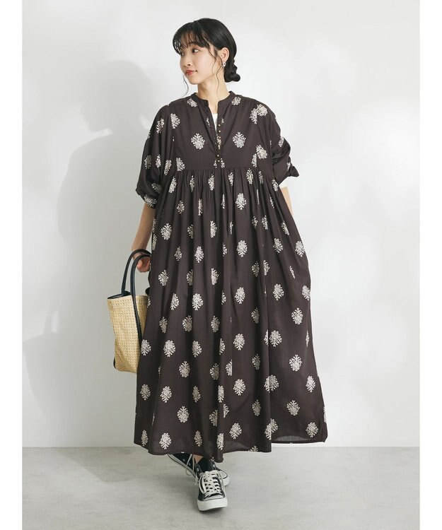 CRAFT STANDARD BOUTIQUE インド綿混フラワーモチーフワンピース Brown