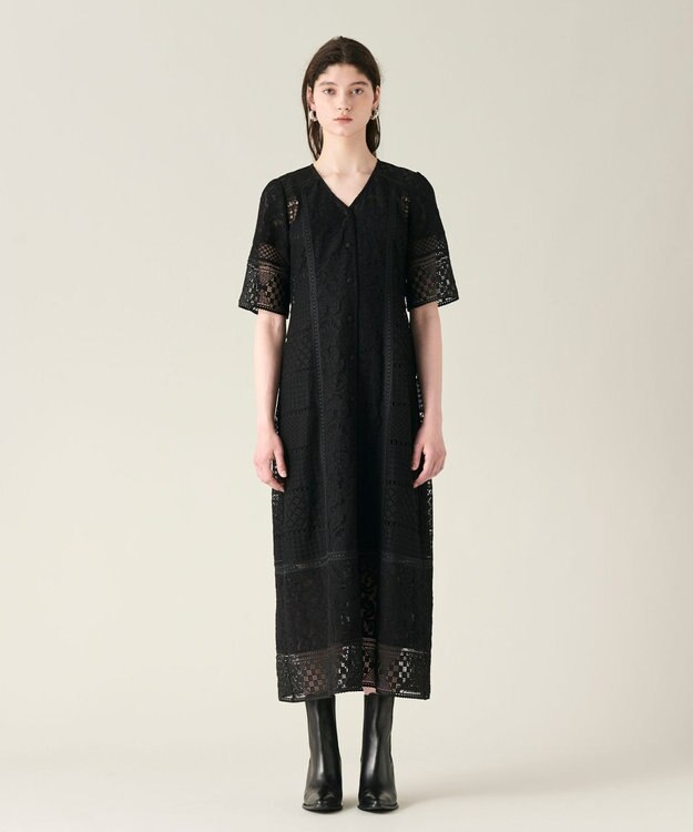 GRACE CONTINENTAL コンビレースVネックワンピース ブラック