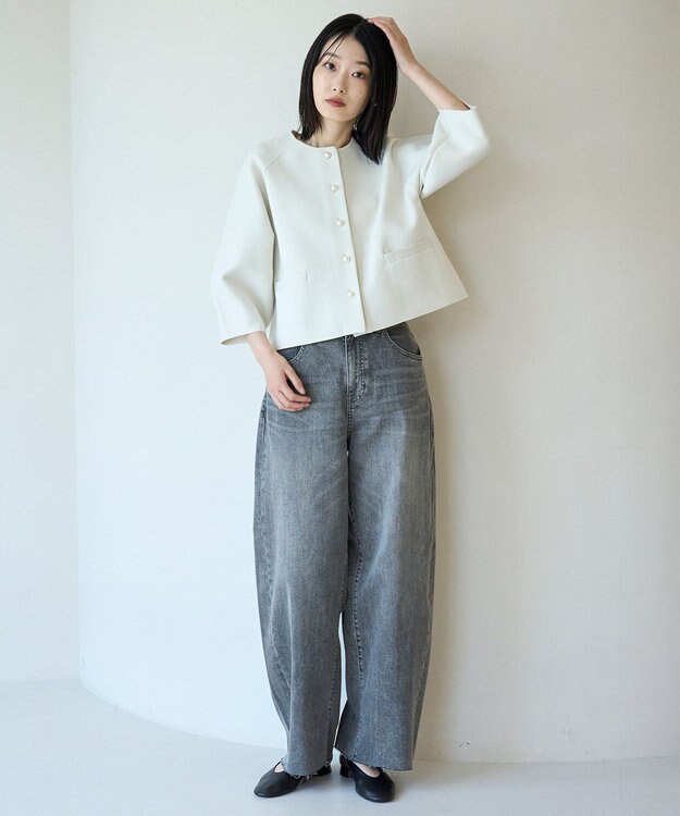 UNFILO L BEAUTY FORM KNIT パールボタン カーディガン グレージュ