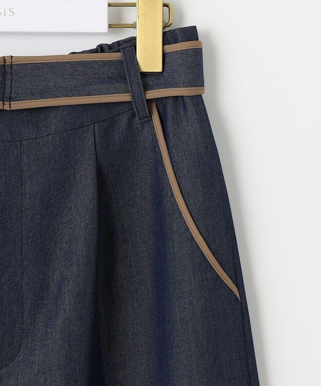 ANY SIS 【洗える】バイカラートリミングワイド パンツ シャンブレーブルー