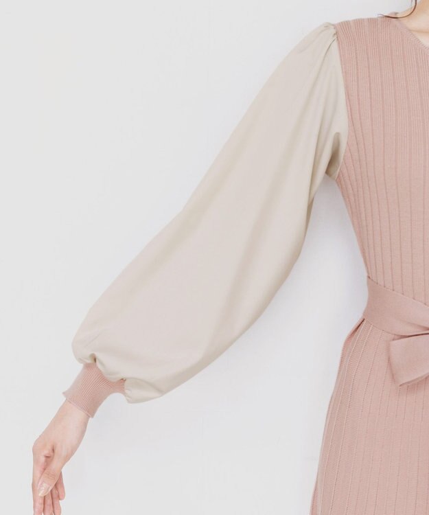 Tiaclasse 【洗える】パフ袖ニットコンビワンピース ピンク