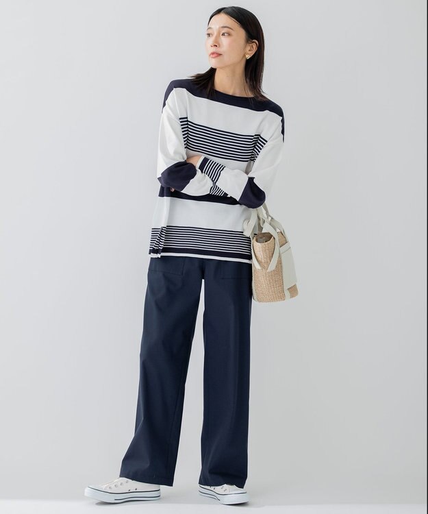 23区 S ストレッチコットンポリエステル ニット ネイビーボーダー