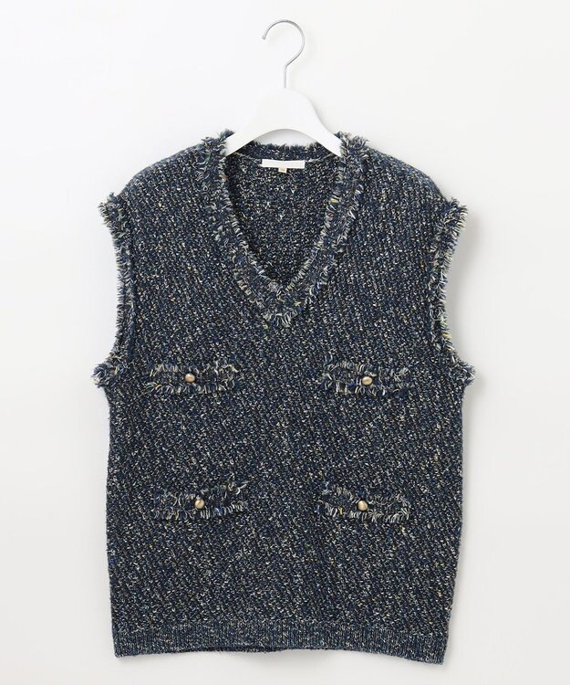 自由区 ミックスツイードニット  ベスト リッツブルー系