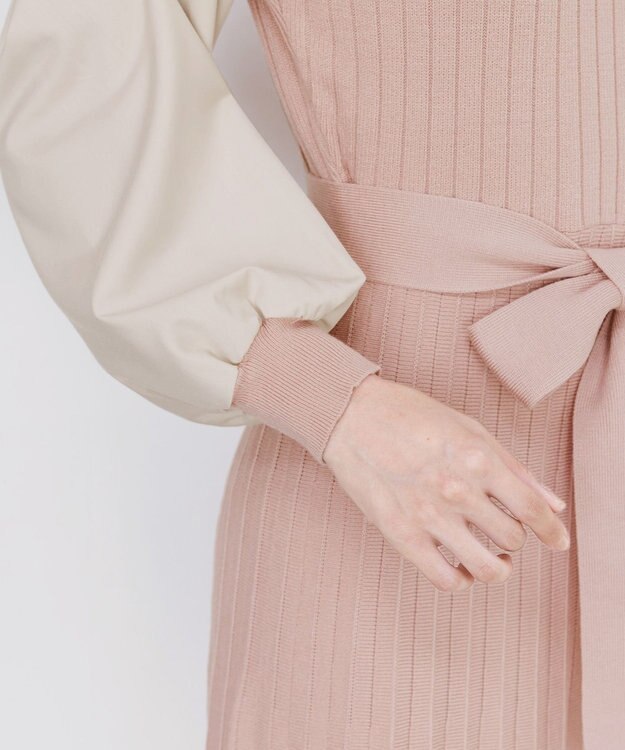 Tiaclasse 【洗える】パフ袖ニットコンビワンピース ピンク