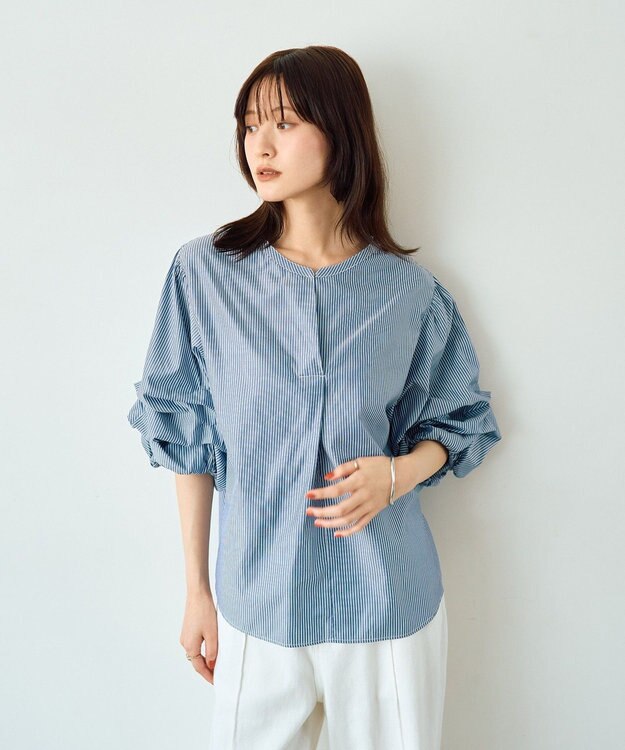 YECCA VECCA タックスリーブスキッパーブラウス Stripe Navy