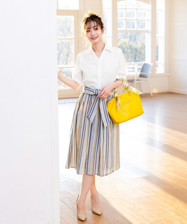 Tiaclasse 【洗える】小顔効果も叶えるスキッパーシャツワンピース イエローストライプ