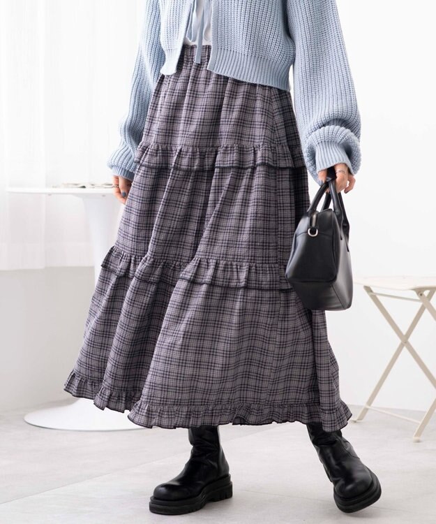 WEGO 【ウエストゴム】フリルティアードボリュームスカート グレーチェック1