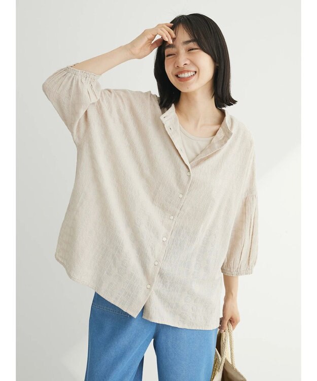 Green Parks インド綿 SET２点 刺繍７分丈ブラウス＋タンクトップ Light Beige