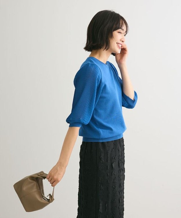 Green Parks 袖プリーツドッキング５分袖ニットプルオーバー Blue