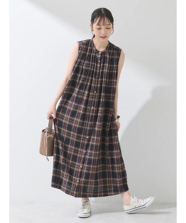 earth music&ecology 綿ＰＵクレープワンピース（ｃｈｅｃｋ柄） Brown