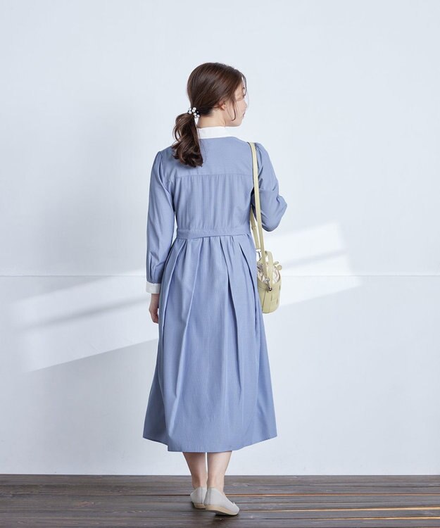 Tiaclasse L 【洗える】パール釦フレアシャツワンピース サックスストライプ