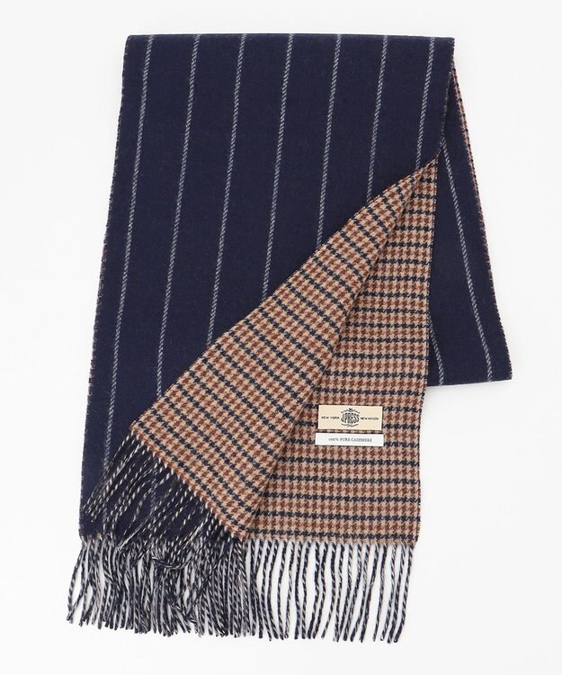 J.PRESS MEN リバーシブル カシミヤマフラー チェック×ストライプ ベージュ系4