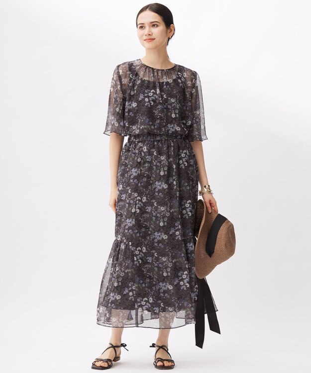 自由区 【セットアップ対応・洗える】ボタニカルフラワープリントティアード スカート セピア系