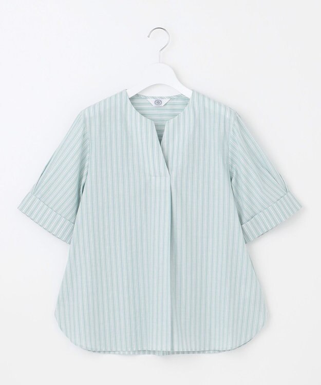 J.PRESS LADIES 【洗える】BEZ 空羽ストライプ クルーネック ブラウス アクアグリーン系