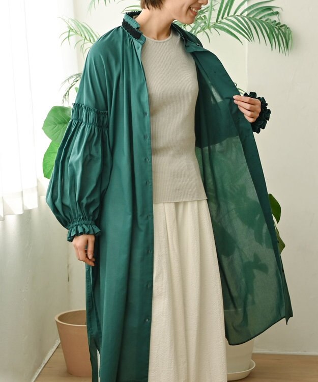 muuc 〈コットン100%強撚糸〉〈2WAY〉〈遠州織物の工場で織られた上質な生地〉〈シースルー〉〈ドライタッチ〉コットンドビーギャザー 羽織り＆ワンピースドレス グリーン