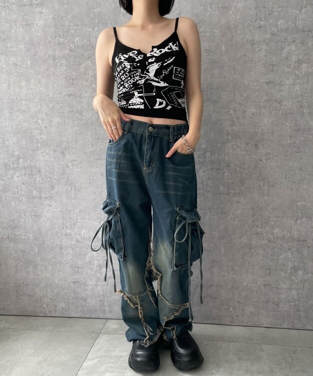 WEGO 【カップ付きインナー】グラフィックリブキャミソール ブラック