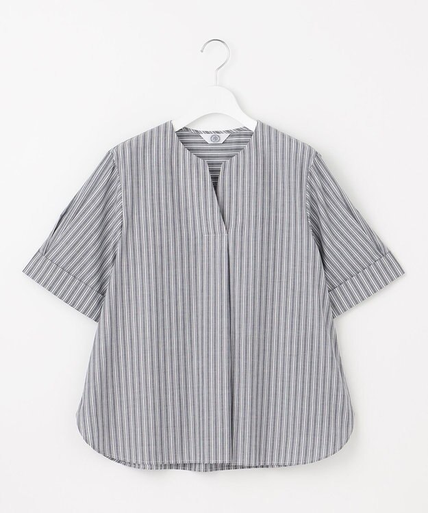 J.PRESS LADIES 【洗える】BEZ 空羽ストライプ クルーネック ブラウス ネイビー系