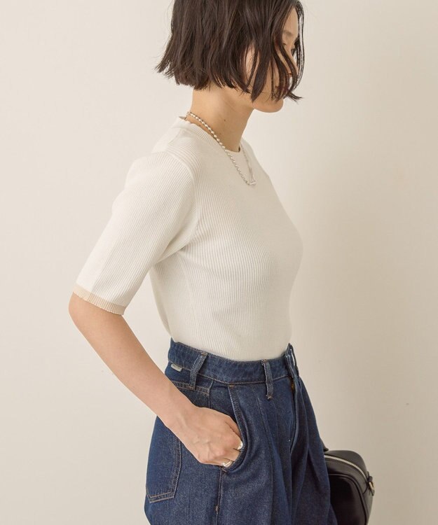 AMERICAN HOLIC 袖口バイカラー半袖ニットプルオーバー Off White