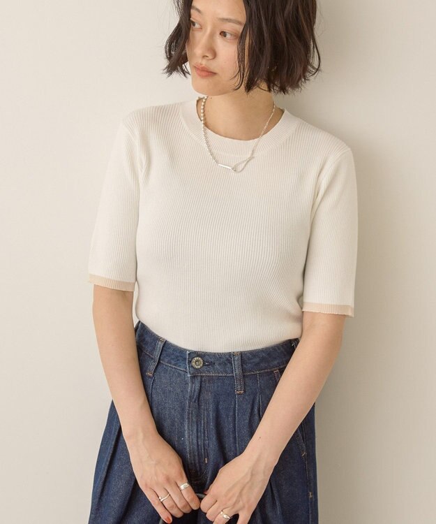 AMERICAN HOLIC 袖口バイカラー半袖ニットプルオーバー Off White