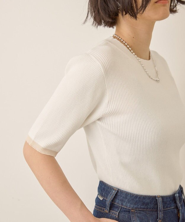 AMERICAN HOLIC 袖口バイカラー半袖ニットプルオーバー Off White