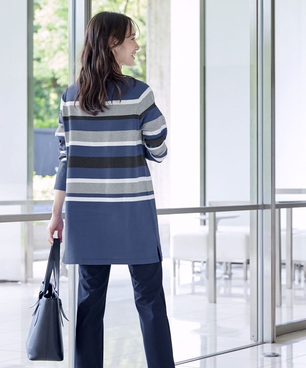 Tiaclasse L 【洗える】マルチボーダーニットチュニック ブルー
