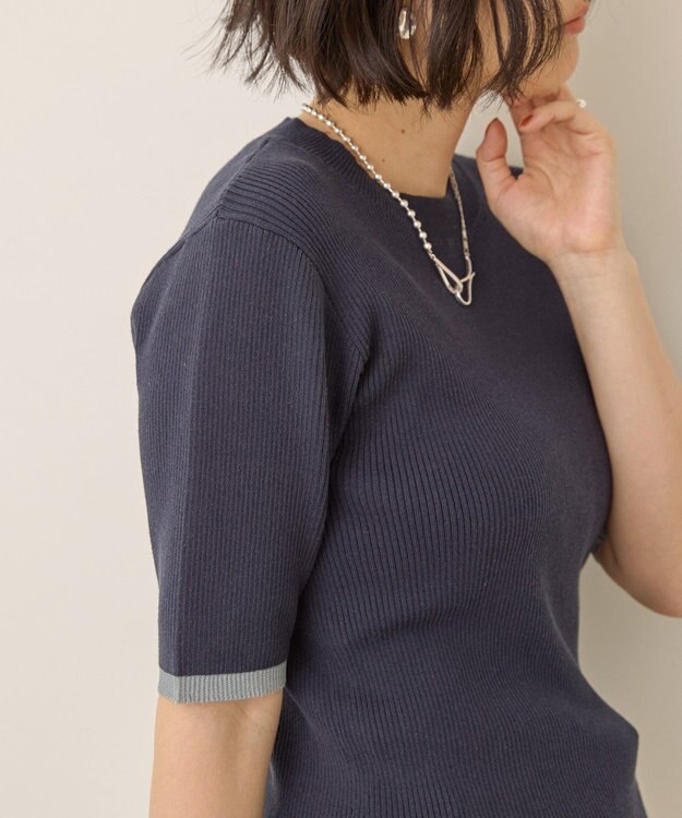 AMERICAN HOLIC 袖口バイカラー半袖ニットプルオーバー Navy