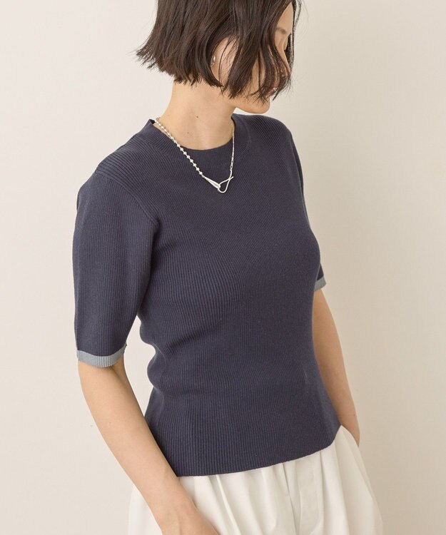 AMERICAN HOLIC 袖口バイカラー半袖ニットプルオーバー Navy