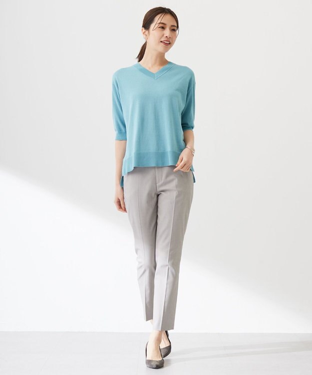 J.PRESS LADIES L 【洗える】COTTON LINEN Vネック ニット シーグリーン系