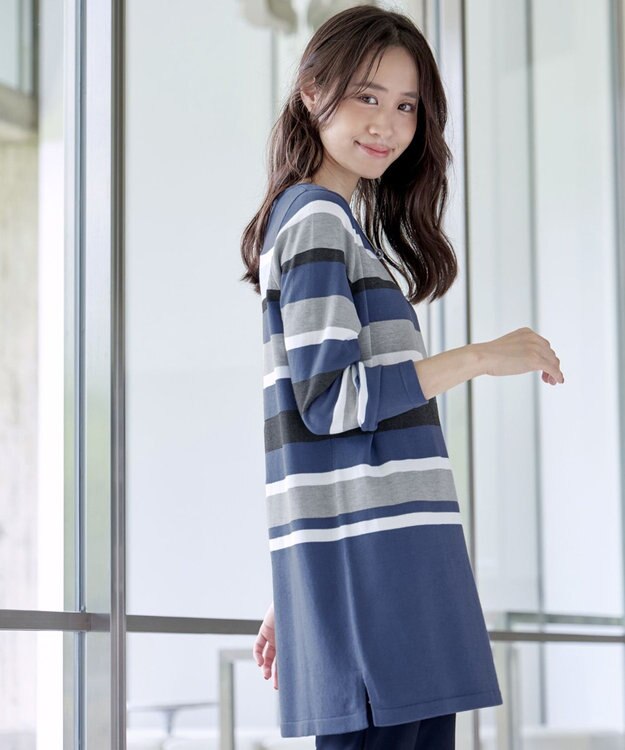 Tiaclasse L 【洗える】マルチボーダーニットチュニック ブルー