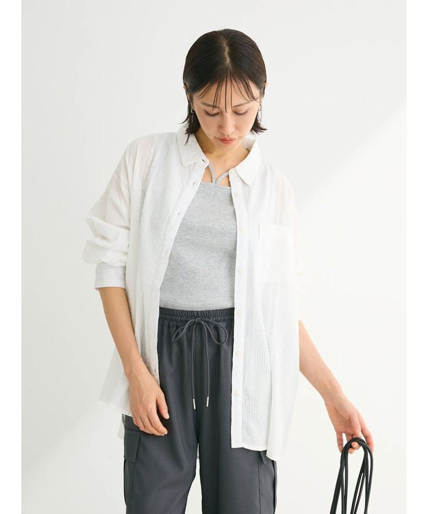 Green Parks インド綿 シアサッカーシャツ Off White