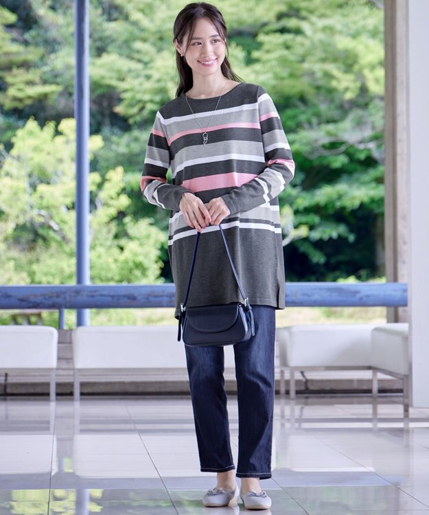 Tiaclasse L 【洗える】マルチボーダーニットチュニック チャコールグレー