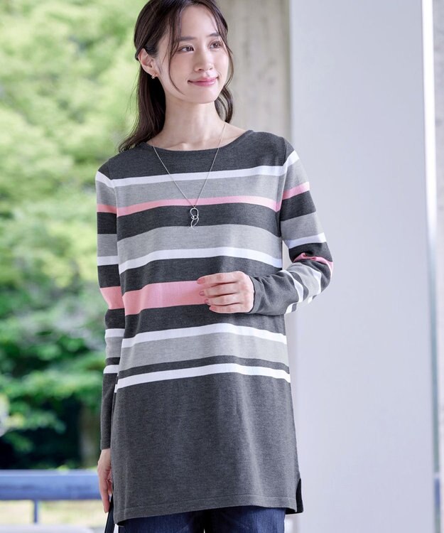 Tiaclasse L 【洗える】マルチボーダーニットチュニック チャコールグレー