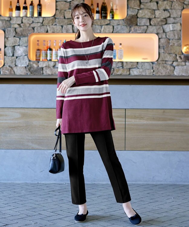 Tiaclasse L 【洗える】マルチボーダーニットチュニック ボルドー