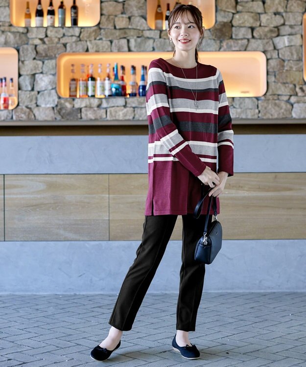 Tiaclasse L 【洗える】マルチボーダーニットチュニック ボルドー