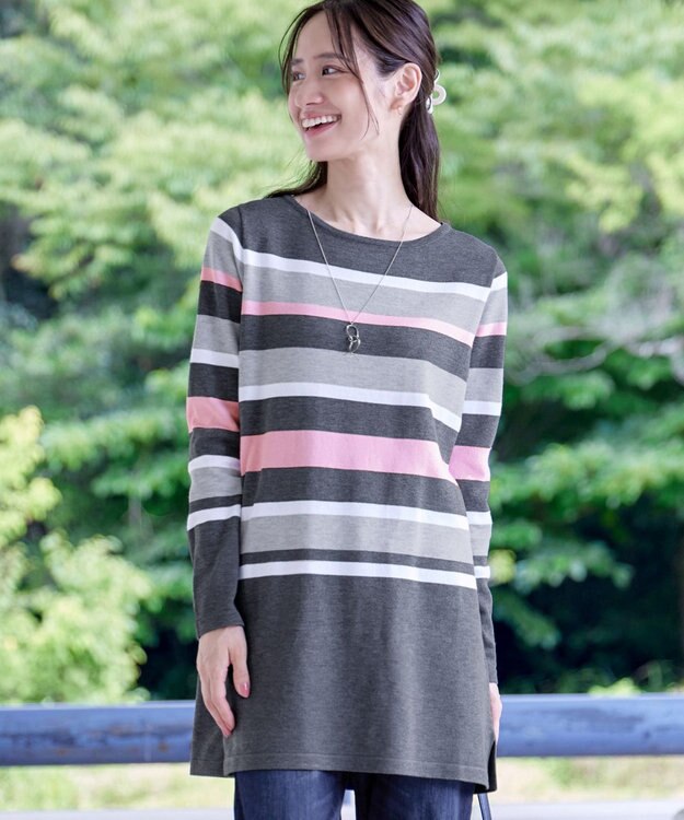 Tiaclasse L 【洗える】マルチボーダーニットチュニック チャコールグレー