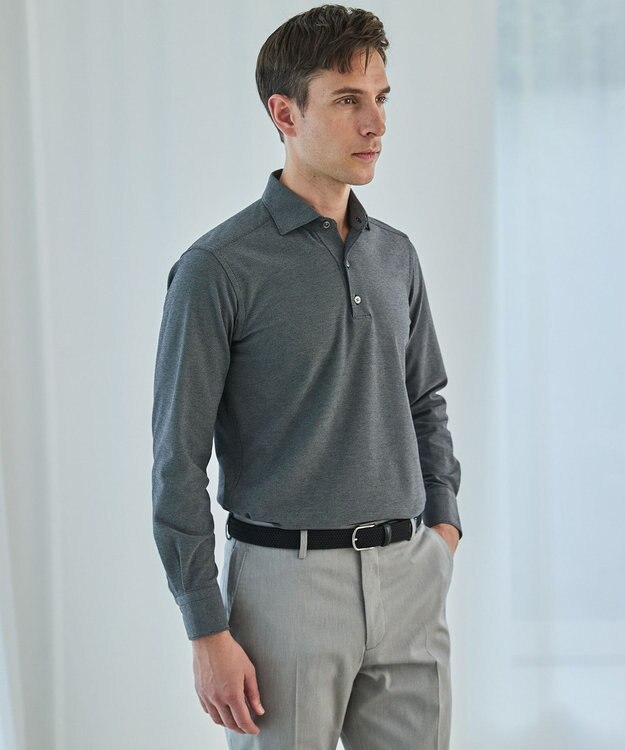 GOTAIRIKU あのBIZポロが 長袖に【仕事で着られる】キレイめ 鹿の子 ビズポロシャツ_ロング ライトグレー系