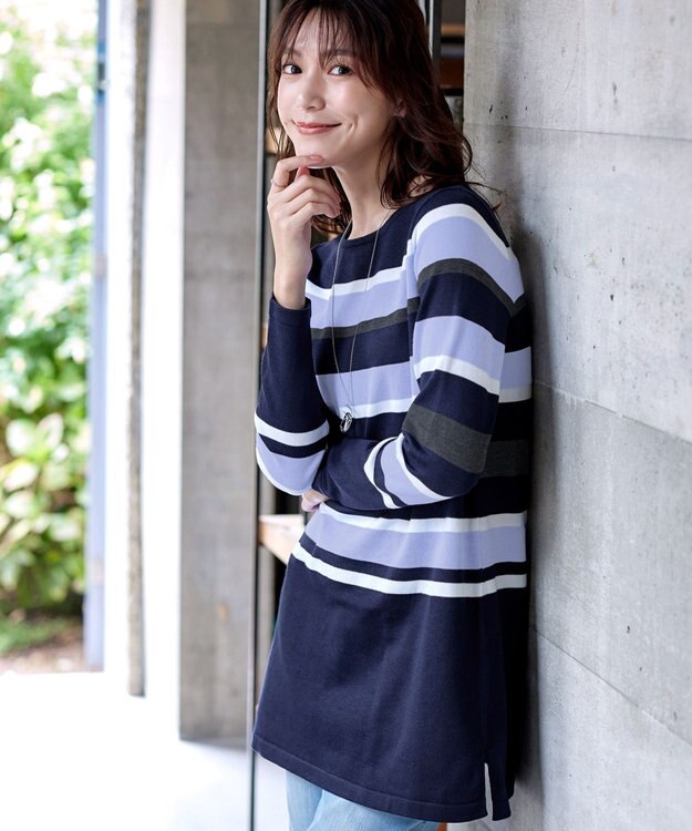 Tiaclasse L 【洗える】マルチボーダーニットチュニック ネイビー