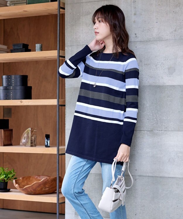 Tiaclasse L 【洗える】マルチボーダーニットチュニック ネイビー