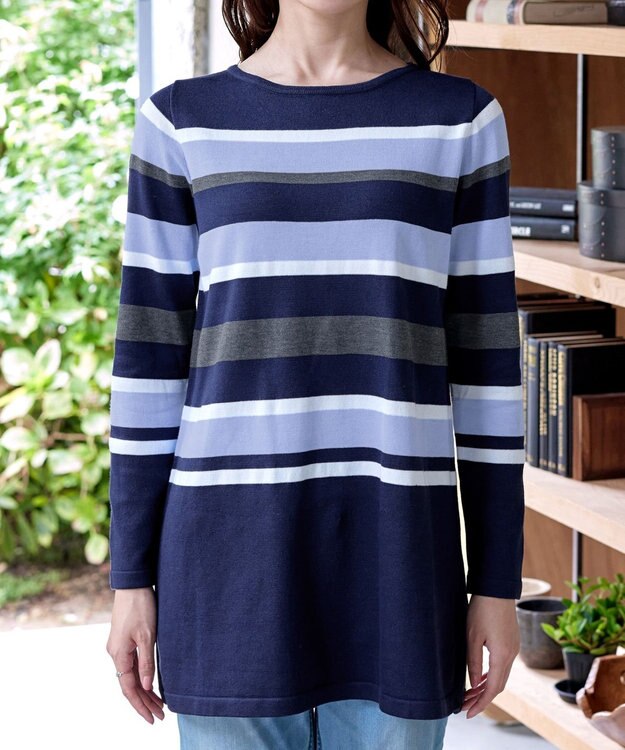 Tiaclasse L 【洗える】マルチボーダーニットチュニック ネイビー