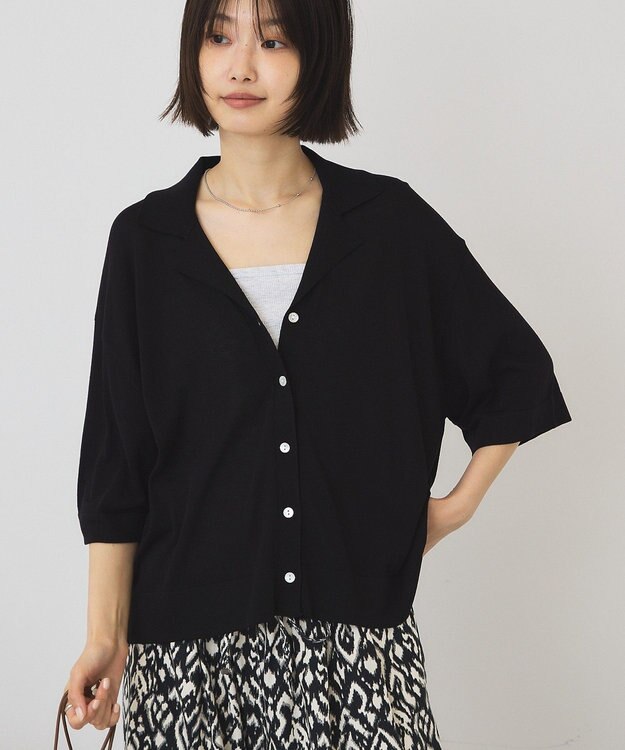AMERICAN HOLIC 襟付き5分袖ニットカーディガン Black
