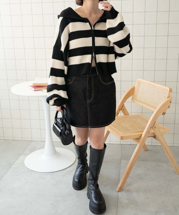 WEGO ダブルジップニットパーカー ブラックボーダー