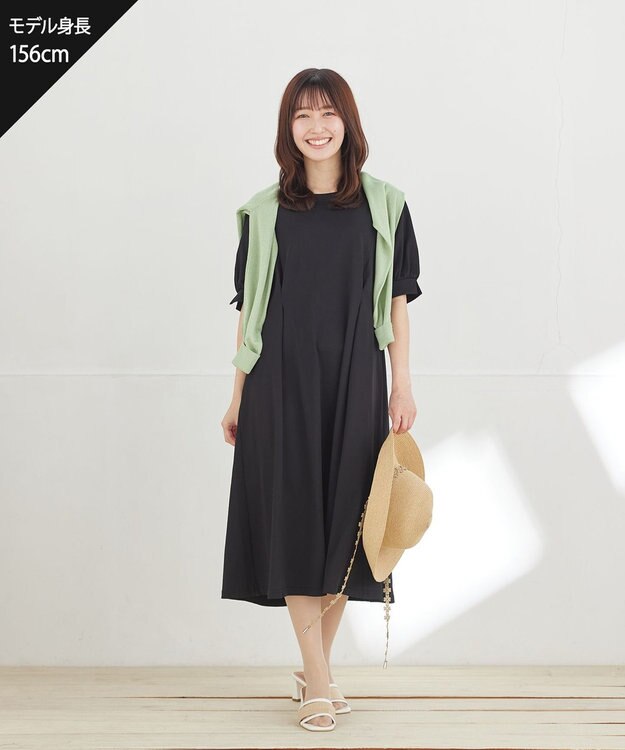 Tiaclasse L 【おのののかさん着用】「サマケア」パフスリーブAラインワンピース ブラック