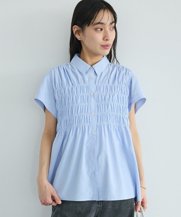 CRAFT STANDARD BOUTIQUE シャーリングショートスリーブブラウス Sax