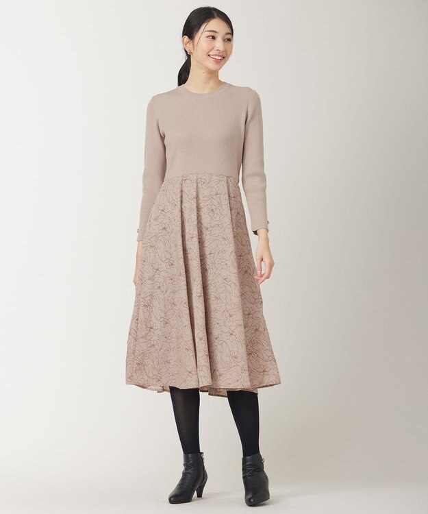 ANY SIS 【洗える】フラワープリントドッキング ワンピース ベージュ×ベージュ