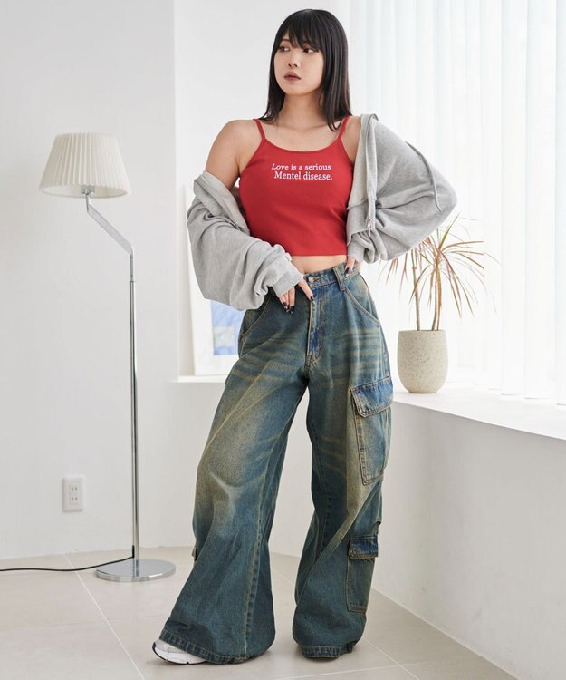 WEGO 【カップ付きインナー】グラフィックプリントカップインキャミ レッド