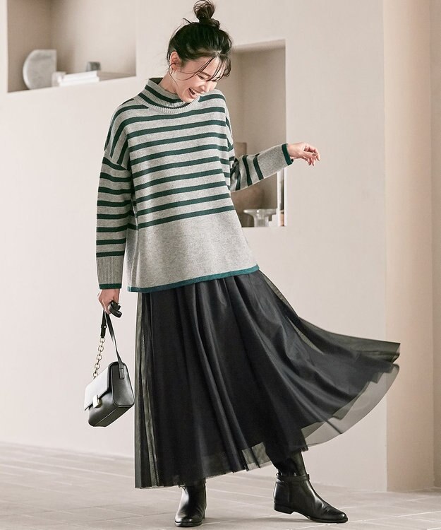 23区 【CLASSY.1月号掲載】ウールナイロン ボーダー ハイネック ニット グレーボーダー